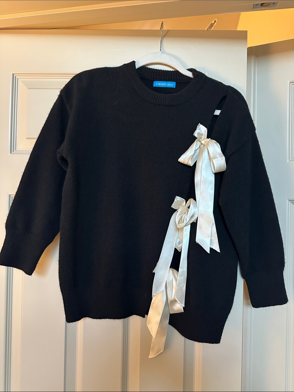 Cherry AKA Black Crewneck Sweater with Cream Satin Bows